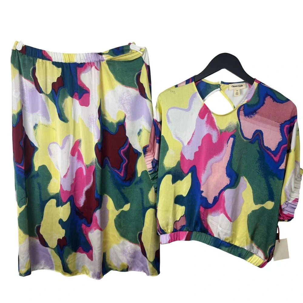 Open Edit Cutout Waist Yellow Color Fusion 2 Piece Set‎ Top and Midi Skirt Sz 1X